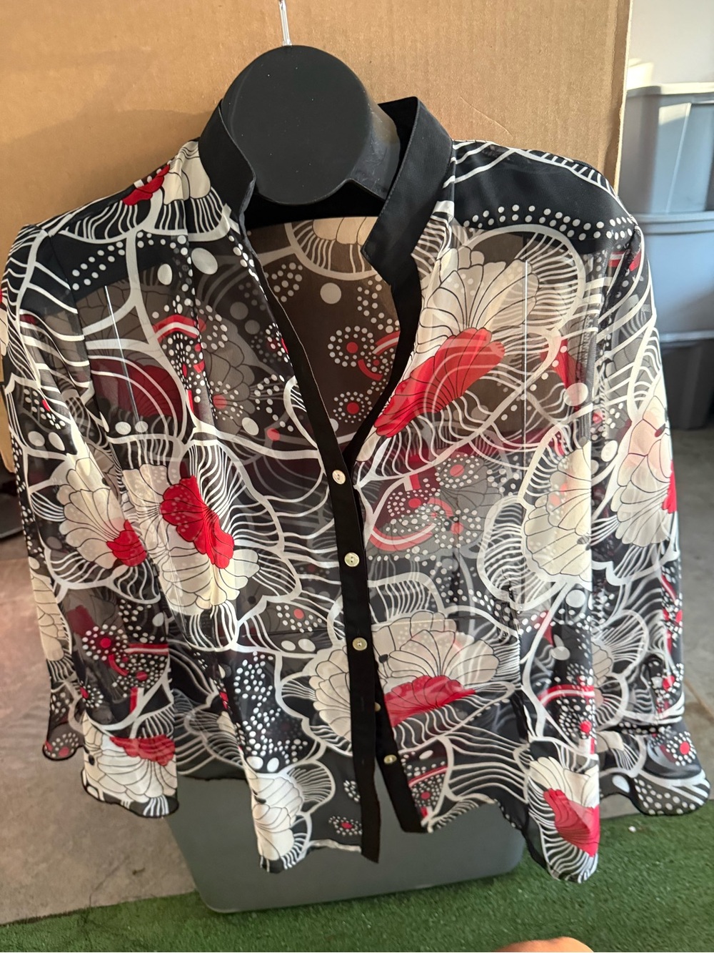 Sheer Black Floral Button-Front Women's Blouse with Red & Cream Accents p35